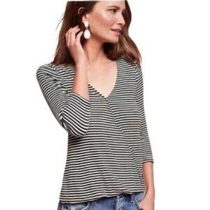 Eri + Ali by Anthropologie | Grey & White Striped 3/4 Sleeve V-Neck Top Size S